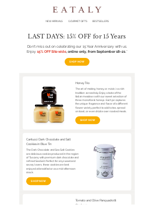 Eataly Net USA LLC - Last Days of 15% OFF Sitewide