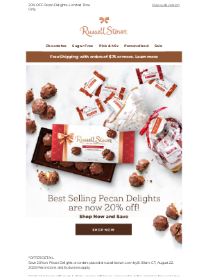 Russell Stover Candies - Best Selling Pecan Delights are now 20% off!