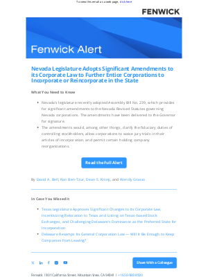 Fenwick & West - [Fenwick Alert] Nevada Legislature Adopts Significant Amendments to its Corporate Law to Further Entice Corporations to Incorporate or Reincorporate in the State