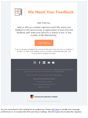 Neuroscience Education Institute - Last Call: Share Your Feedback
