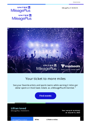 United Airlines - June statement: Earn miles on your next concert, sports game and more events