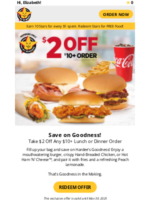 Hardee's - SURPRISE! 🎉 $2 OFF $10+ at Hardee’s!