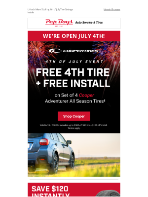Pep Boys - Get 4 Cooper Tires, Pay for 3 – FREE Install Too!