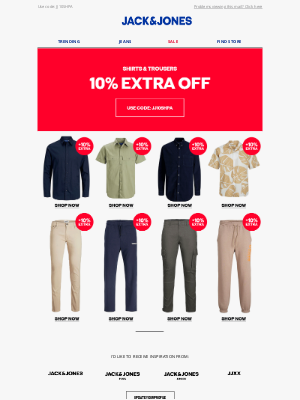 Jack & Jones (UK) - Last chance to save 10% extra on shirts & trousers