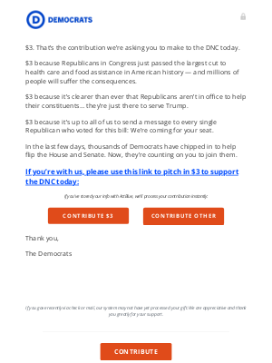 Democratic National Committee - $3 to flip the House and Senate: