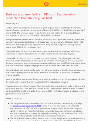 Shell - Shell starts up new facility in UK North Sea, restoring production from the Penguins field