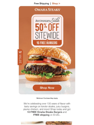 Omaha Steaks - 50% OFF sitewide. 16 FREE burgers. And FREE shipping!