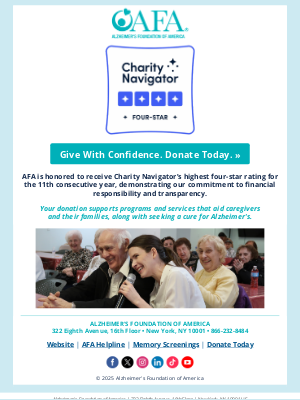 Alzheimer's Foundation of America - AFA Ranked as a Top Trusted Charity for Eleventh Straight Year