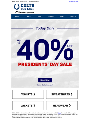 Indianapolis Colts - TODAY ONLY | Up To 40% Off Presidents' Day Sale