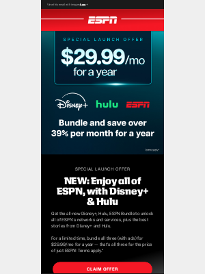 ESPN - NEW: Enjoy all of ESPN, with Disney+ & Hulu on us for a year