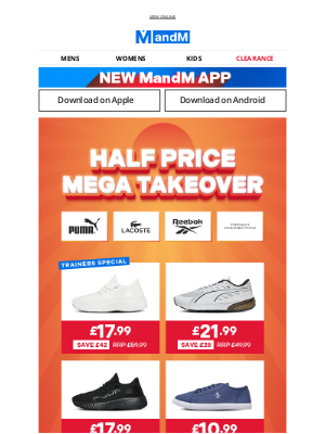 M and M Direct (United Kingdom) - Half Price Mega Takeover | TRAINER SPECIAL 👟