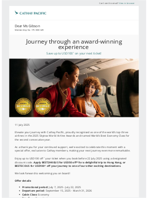 Cathay Pacific Airways - Award-winning journeys, on sale now! Up to USD100 off your next ticket to Asia and Beyond!