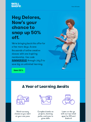 Skillshare - Sale Extended! Lock-in 50% Off, Delores