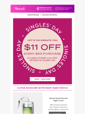 Murad - Ends soon: $11 off $50 Singles’ Day savings