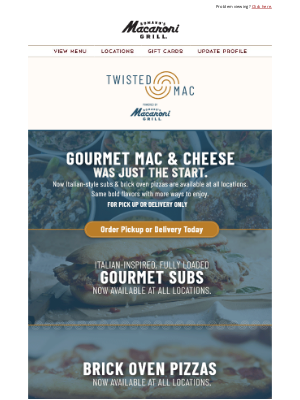 Romano's Macaroni Grill - New at Twisted Mac: Subs & Brick Oven Pizza Are Here! 🍕🥖