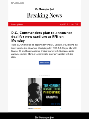 Washington Post - Breaking News: D.C., Commanders plan to announce deal for new stadium at RFK on Monday