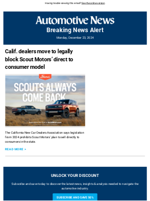 Automotive News - Calif. dealers move to legally block Scout Motors’ direct to consumer model