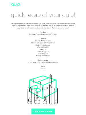 Quip confirmation email with order summary