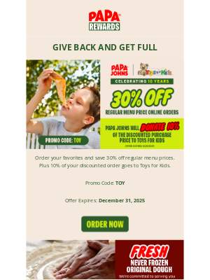 Papa John's - Save 30% and support Rick Rizz’s Toys for Kids