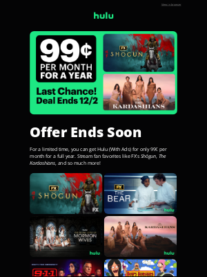 Hulu - Hurry! Hulu's Black Friday Offers End Tomorrow!