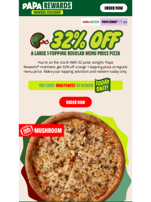 Papa John's - Rewards Member Exclusive: 32% off large 1-topping pizza 🏈🍕
