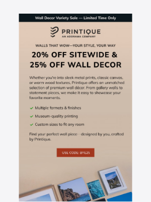 Printique - 20% Off Sitewide & 25% Off Wall Decor — Offer Ends 09/04!