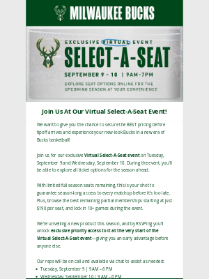 Milwaukee Bucks - You're Invited: Virtual Select-A-Seat Event Next Week