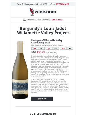 Wine - 94pt Wine Spectator rated Resonance Chardonnay