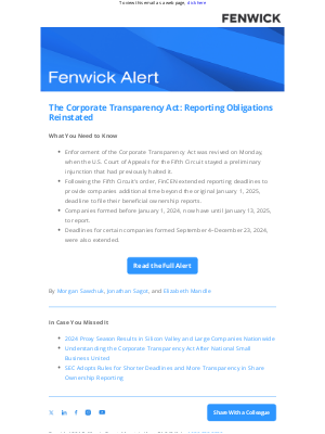 Fenwick & West - [Fenwick Alert] The Corporate Transparency Act: Reporting Obligations Reinstated