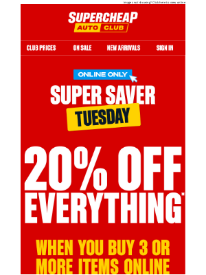 Super Cheap Auto (Australia) - Tonight only! 20% off everything when you buy 3 or more items online.