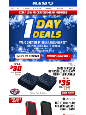 Big 5 Sporting Goods - $10 Bluetooth Speaker with Clip + $40 Bearpaw Boots + Other One Day Deals, Saturday Only!