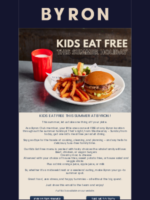 Byron - Kids Eat Free Is Back This Summer at Byron!🍔🌞