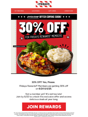 TGI Fridays - Your 30% Off Deal Is Almost Here! 🔥