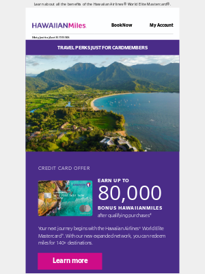 Hawaiian Airlines - Limited-time offer: Earn up to 80,000 bonus miles