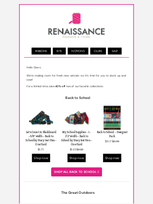 Renaissance Ribbons - Clearance Alert: 40% Off The Great Outdoors & Back to School