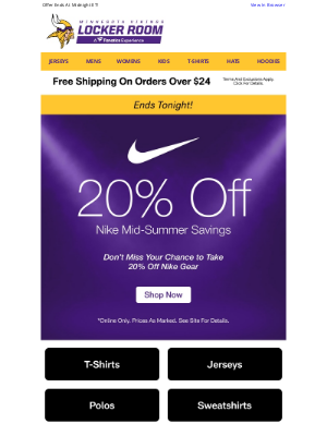 Minnesota Vikings - Last Day To Save 20% On Nike + Free Shipping!
