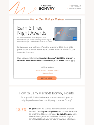 Marriott International - Make This Business Offer Yours: Earn 3 Free Night Awards for Eligible Stays. Resort Fees & Terms Apply.