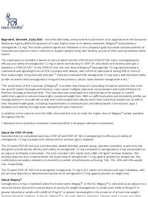 Novo Nordisk - Novo Nordisk A/S: New Wegovy® dose submitted to European Medicines Agency for approval, with 1 in 3 trial participants achieving 25% or more weight loss