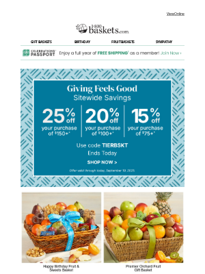 1-800-Baskets - Warm hearts with great gifts 🥰 Final day for up to 25% off.