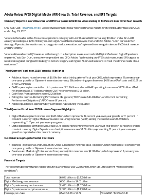 Adobe - Adobe Raises FY25 Digital Media ARR Growth, Total Revenue, and EPS Targets