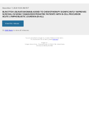 Amgen - BLINCYTO® (BLINATUMOMAB) ADDED TO CHEMOTHERAPY SIGNIFICANTLY IMPROVES SURVIVAL IN NEWLY DIAGNOSED PEDIATRIC PATIENTS WITH B-CELL PRECURSOR ACUTE LYMPHOBLASTIC LEUKEMIA (B-ALL)