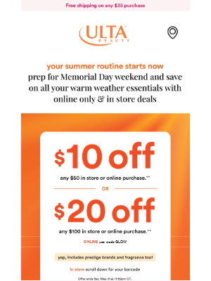 ULTA Beauty - Hillary, get $10 or $20 off your purchase 😎