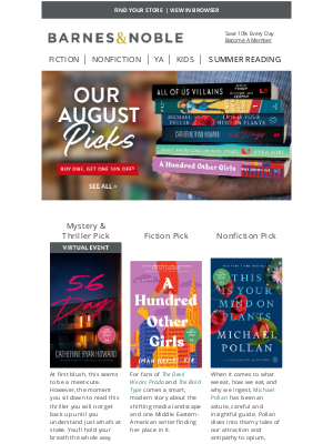 Barnes & Noble - Our August Picks: Buy 1, Get 1 50% Off