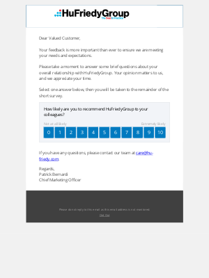HuFriedyGroup - Reminder: HuFriedyGroup Requests Your Feedback