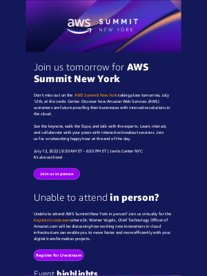 Amazon AWS - Happening Tomorrow: AWS Summit New York at Javits Center