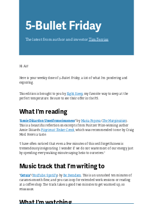 Tim Ferriss - 5-Bullet Friday — My Favorite New Travel Show, a 50-Year Science Secret, The Therapy of Forgetting Yourself, a Smooth Track for the Weekend, and More