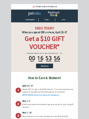 Pet Valu (Canada) - ENDS TODAY: Last chance to earn your $10 gift voucher when you spend $80+ online and in store