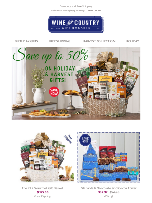 WineCountryGiftBaskets - Holiday & Harvest gifts - up to 50% off