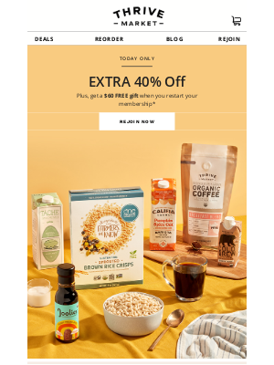 Thrive Market - Today only: EXTRA 40% off + a $60 FREE gift!