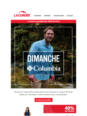 La Cordée (Canada) - Dimanche promo : Columbia jusqu’à 40 % de rabais